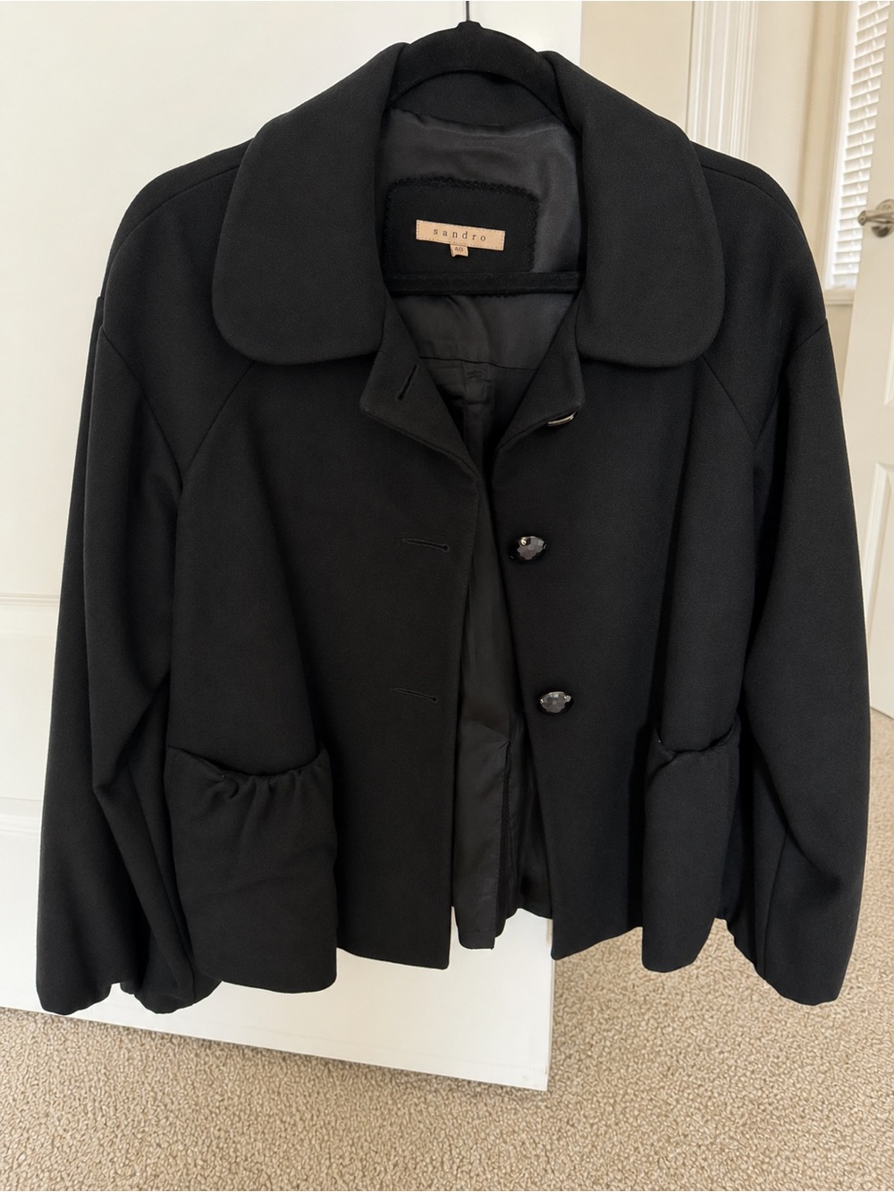 Sandro Black Short Wool-Blend Pea Coat